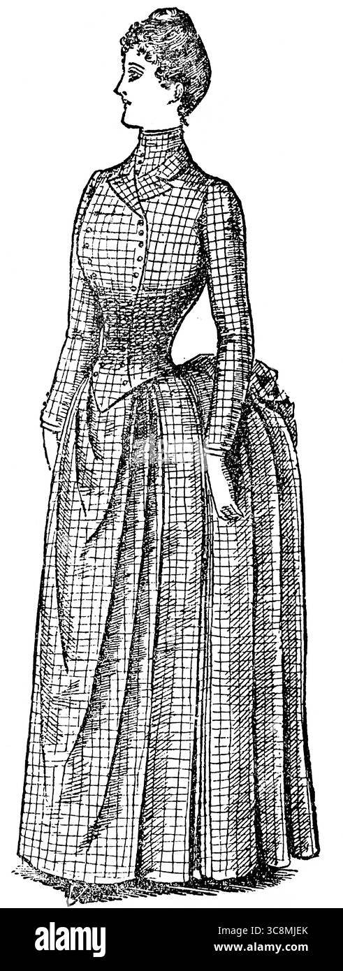 Mode, modèle simple d'une maison ou robe de marche, jupe à devant tressé, à l'époque victorienne, Angleterre, Grande-Bretagne, illustration historique 1889 Banque D'Images