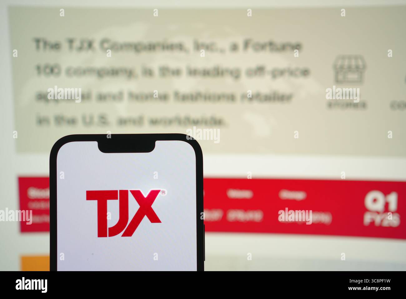 Roosendaal, pays-Bas - 04 août 2025 : un téléphone portable affichant le logo de la société TJX, avec le site Web de la société en arrière-plan. Banque D'Images