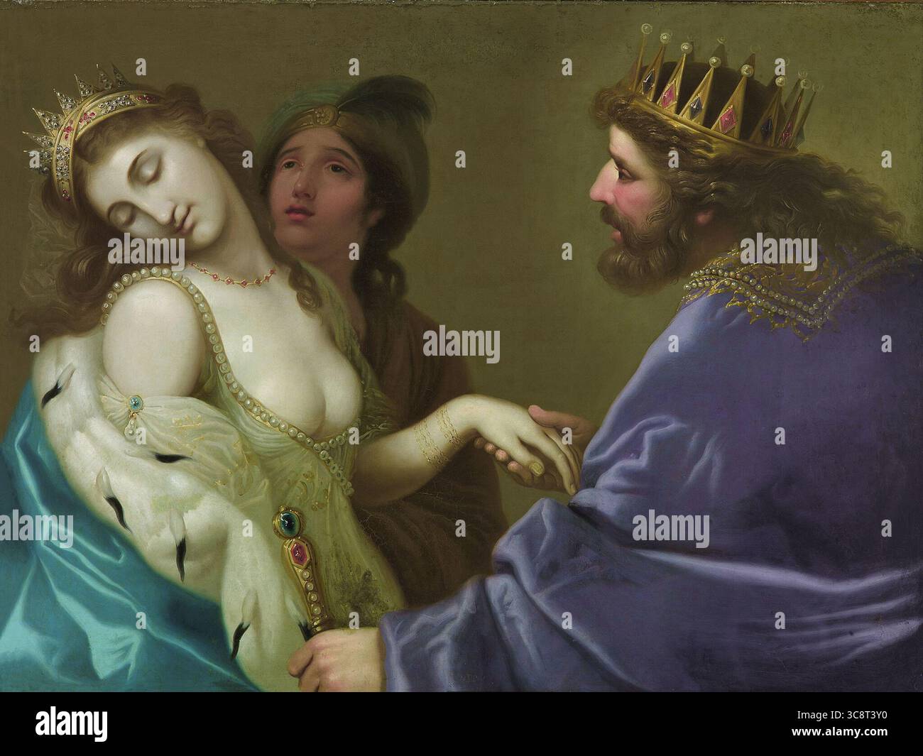 Peinture à l'huile néoclassique Esther avant Assuérus par Franciszek Smuglewicz, datée de 1778. La scène biblique dramatique montre la reine Esther s'évanouissant devant le roi Assuérus alors qu'elle risque sa vie pour intercéder pour son peuple, accompagnée d'un serviteur en détresse émotionnelle. Banque D'Images