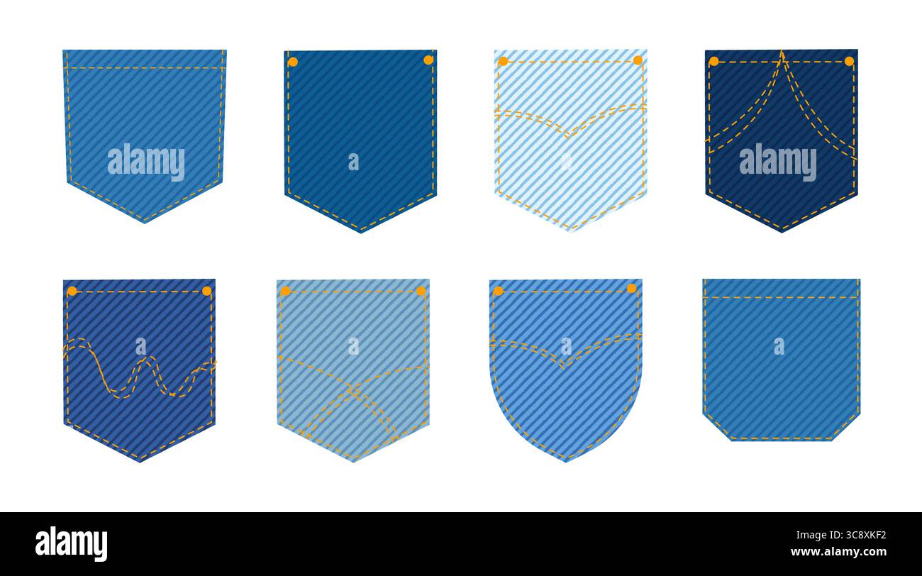 Ensemble de 8 poches arrière en Jean denim dans un style vectoriel plat. Styles classique en forme de V, fond rond, couture incurvée, coutures décoratives, poche découpée en coin. Nuances allant du bleu clair au bleu foncé avec texture diagonale Illustration de Vecteur