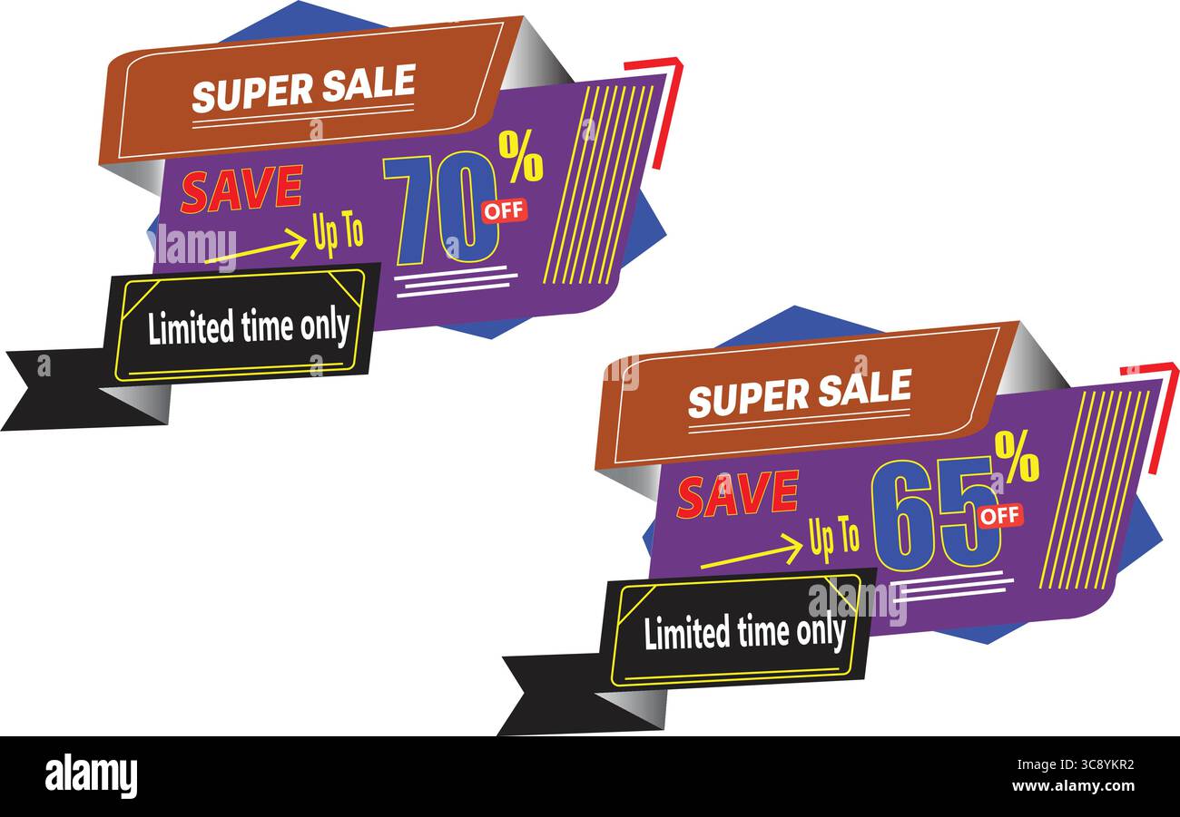 Conception de badge jaune et violet super vente avec vecteur de réduction de 70 pour cent pour les étiquettes de promotion Illustration de Vecteur