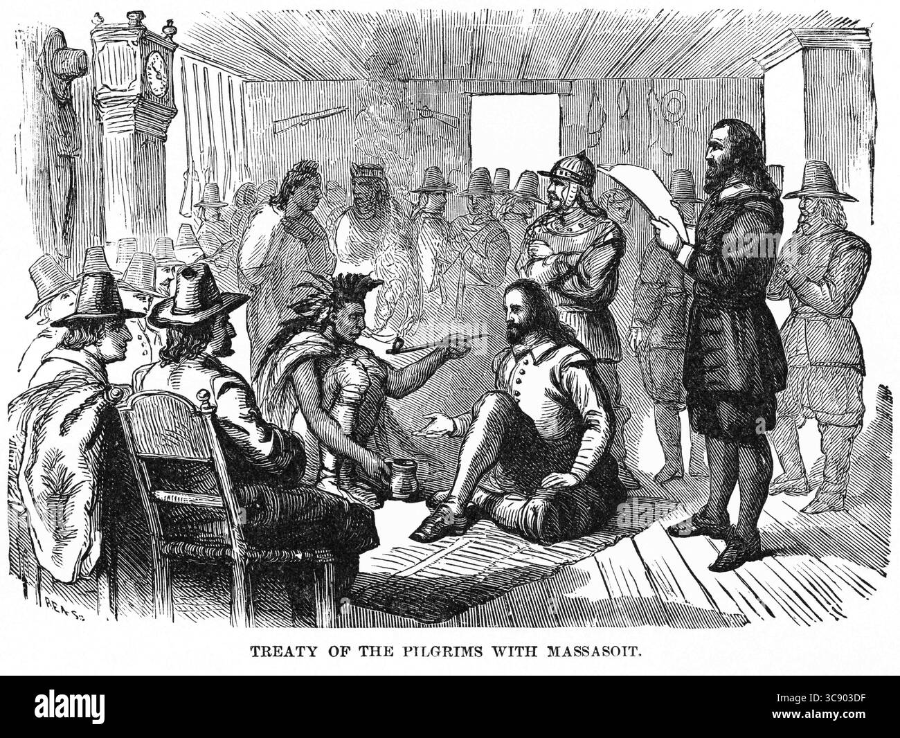 3 mai 2020 : Traité des pèlerins avec Massasoit, illustration, histoire du monde de Ridpath, volume III, par John Clark Ridpath, LL. D., Merrill & Baker Publishers, New York, 1897 (crédit image : © JT Vintage/Glasshouse via ZUMA Wire) Banque D'Images