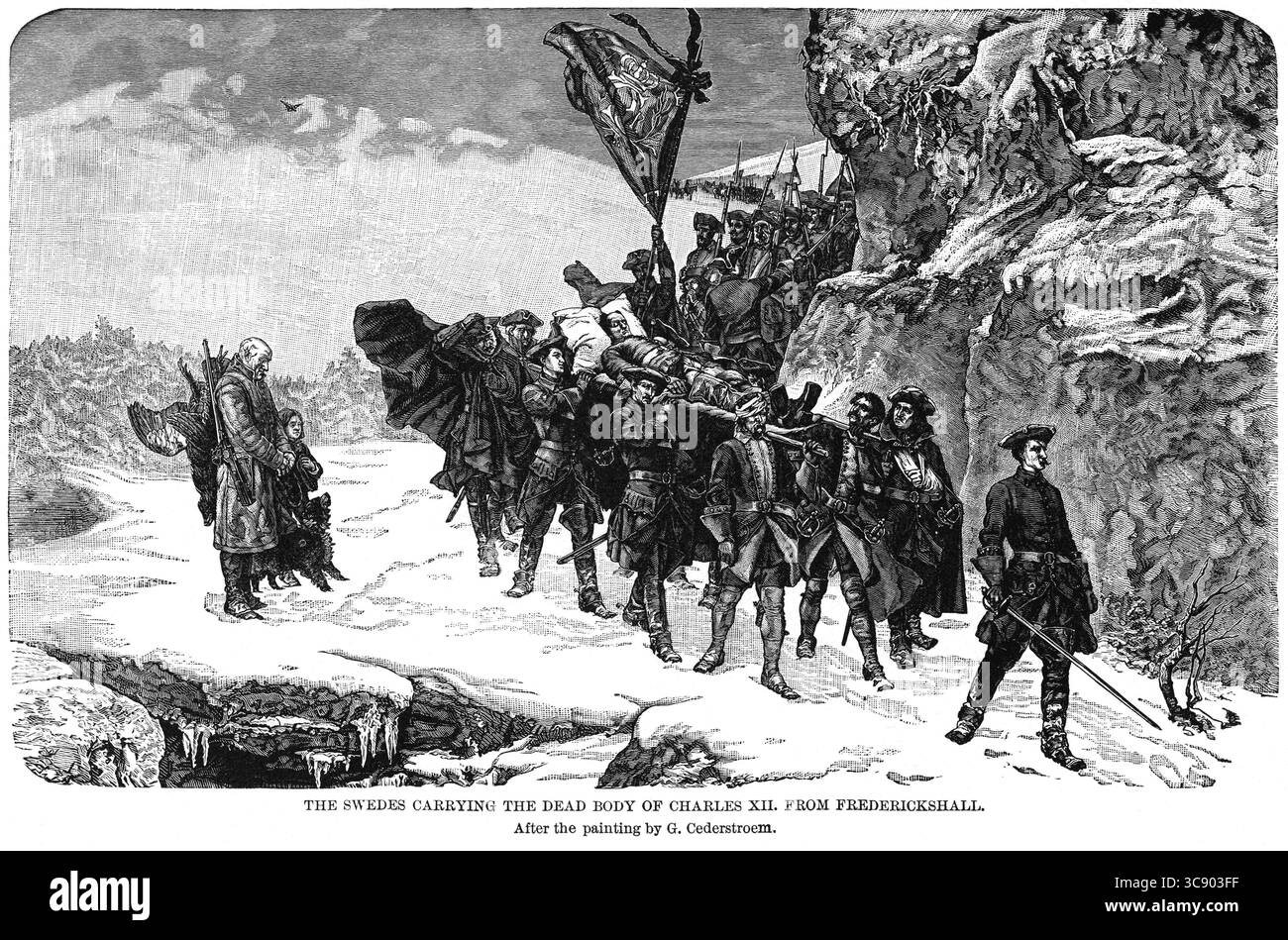 3 mai 2020 : les Suédois transportant le cadavre de Charles XII de Frederickshall, d'après une peinture de G. Cederstroem, illustration, Ridpath's History of the World, volume III, par John Clark Ridpath, LL. D., Merrill & Baker Publishers, New York, 1897 (crédit image : © JT Vintage/Glasshouse via ZUMA Wire) Banque D'Images
