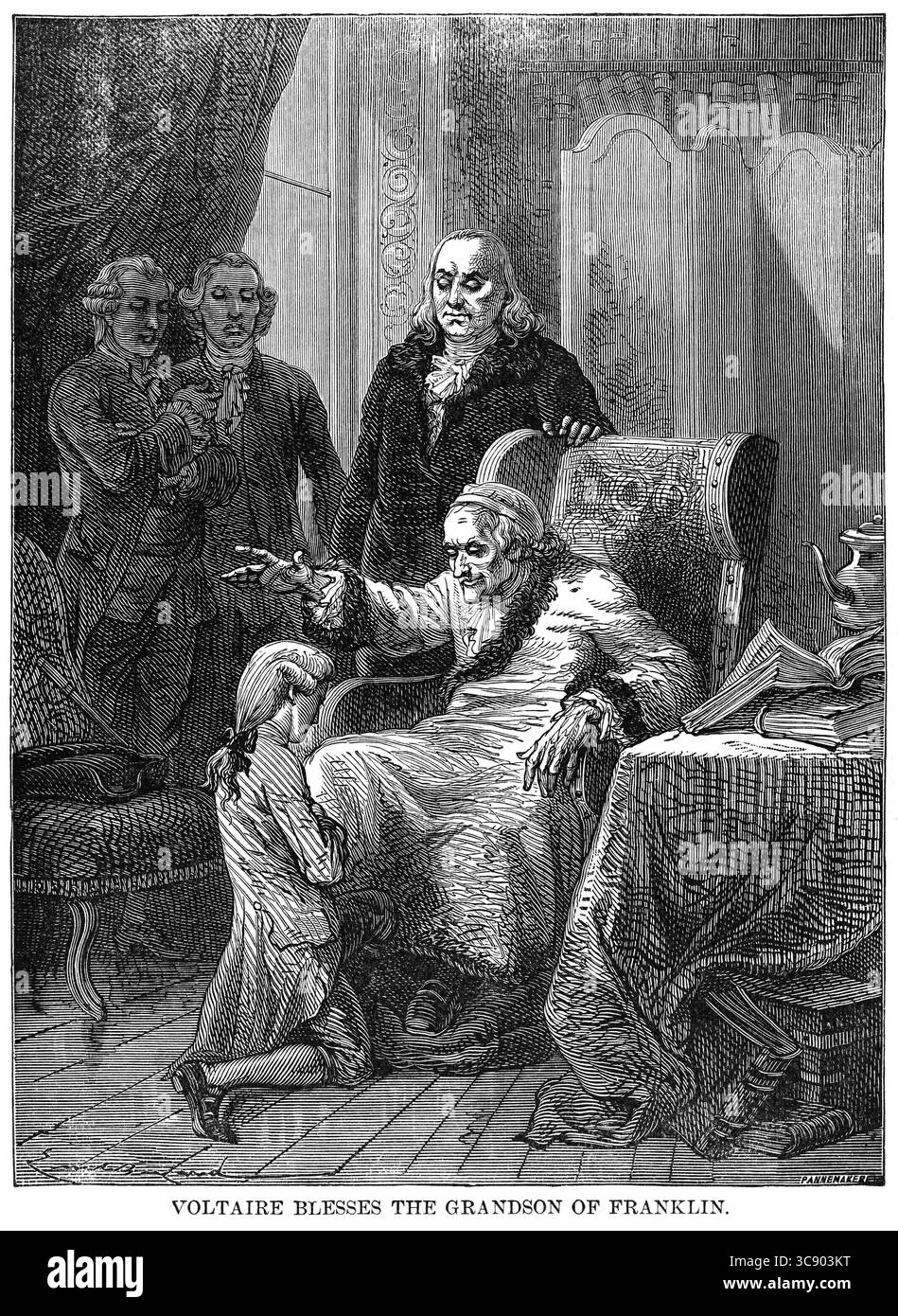 5 mai 2020 : Voltaire bénit le petit-fils de Franklin, illustration, Ridpath's History of the World, volume III, par John Clark Ridpath, LL. D., Merrill & Baker Publishers, New York, 1897 (crédit image : © JT Vintage/Glasshouse via ZUMA Wire) Banque D'Images