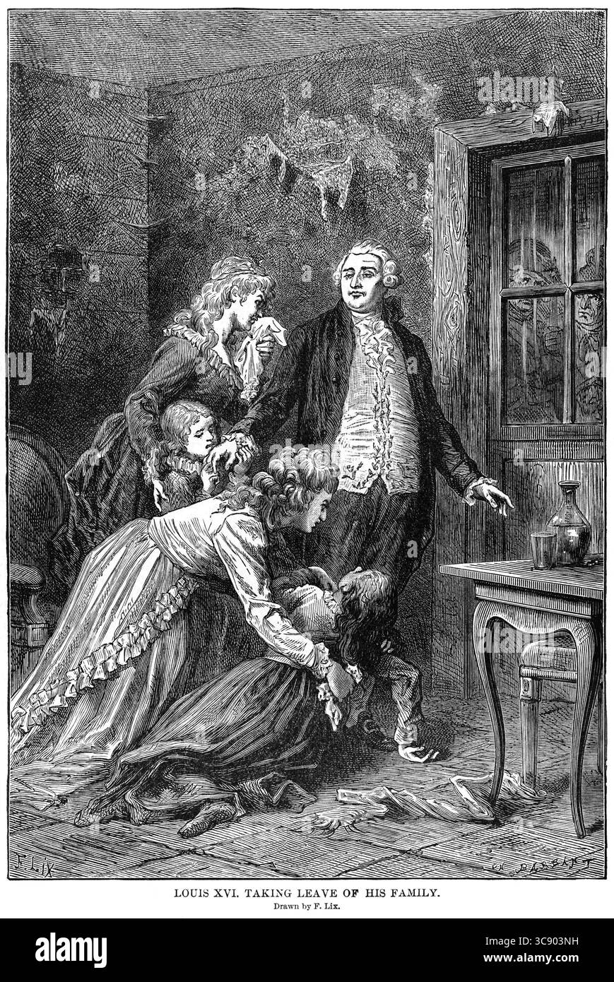 6 mai 2020 : Louis XVI prend congé de sa famille, illustration, histoire du monde de Ridpath, volume III, par John Clark Ridpath, LL. D., Merrill & Baker Publishers, New York, 1897 (crédit image : © JT Vintage/Glasshouse via ZUMA Wire) Banque D'Images