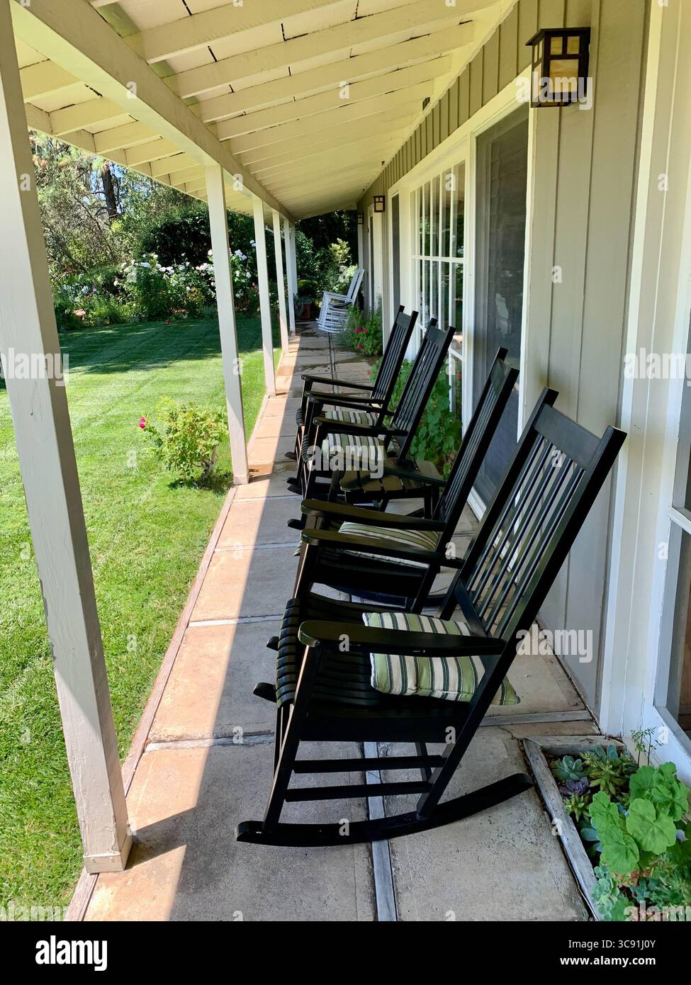 Rangée de chaises à bascule noires le long d'un porche couvert avec de l'herbe verte à l'avant Banque D'Images