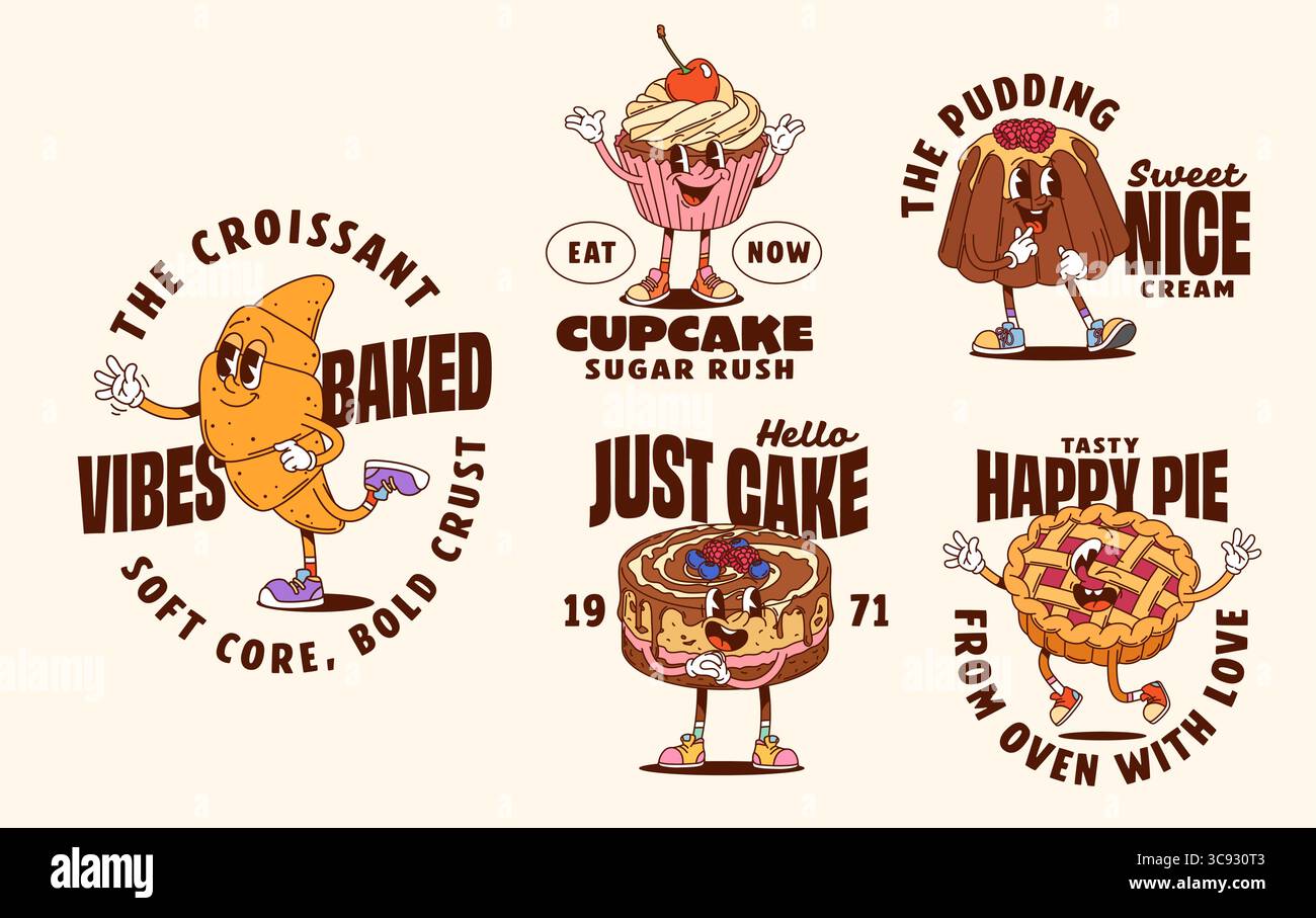 Imprimé t-shirt et affiches de personnages de dessert groovy. Croissants de vecteur de dessin animé fantaisiste, cupcake, pudding, gâteau et tarte y2k personnages de nourriture de boulangerie sucrée avec des visages souriants jumelés avec des slogans ludiques Illustration de Vecteur