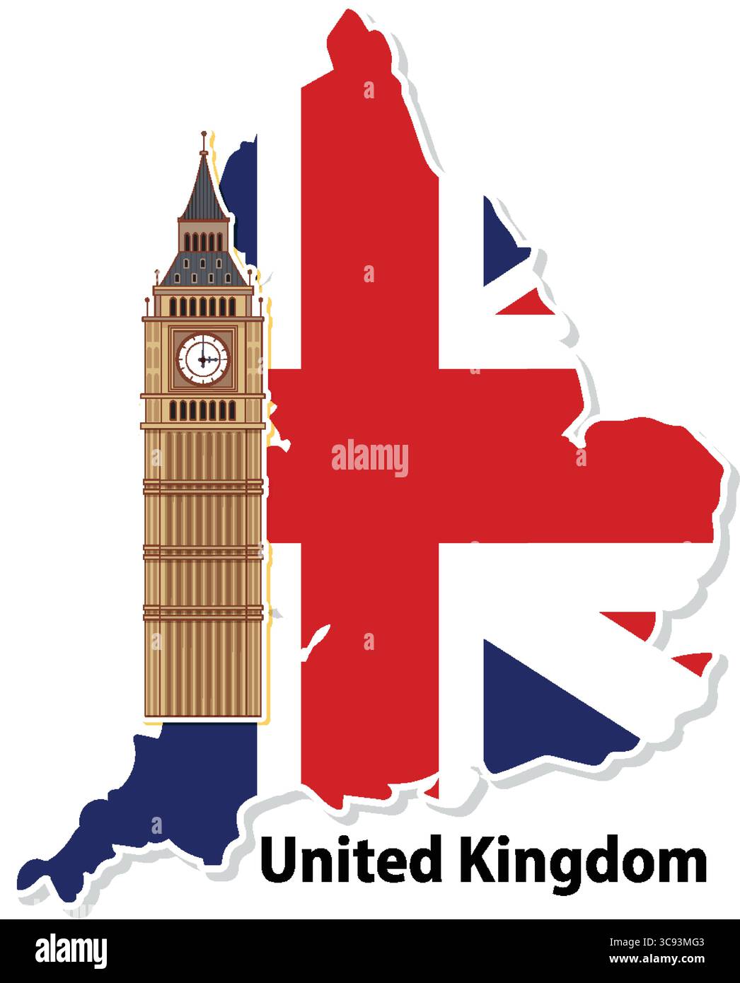 Illustration vectorielle de Big Ben avec la carte du Royaume-Uni dans les couleurs du drapeau. Composition audacieuse et vibrante avec des contours clairs Illustration de Vecteur