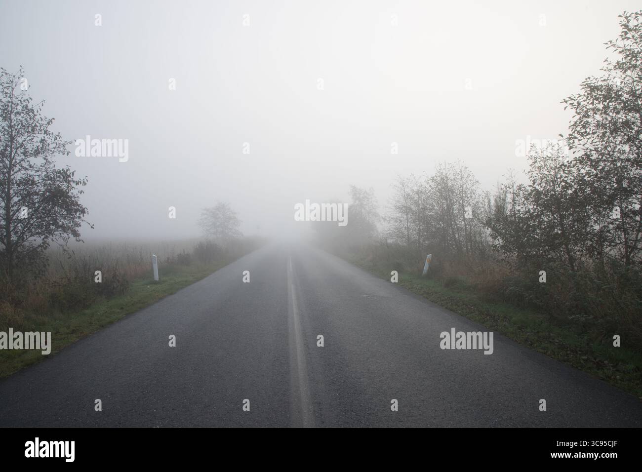 Route asphaltée brumeuse menant à distance un paysage sombre avec beaucoup de sens, espace de copie Banque D'Images