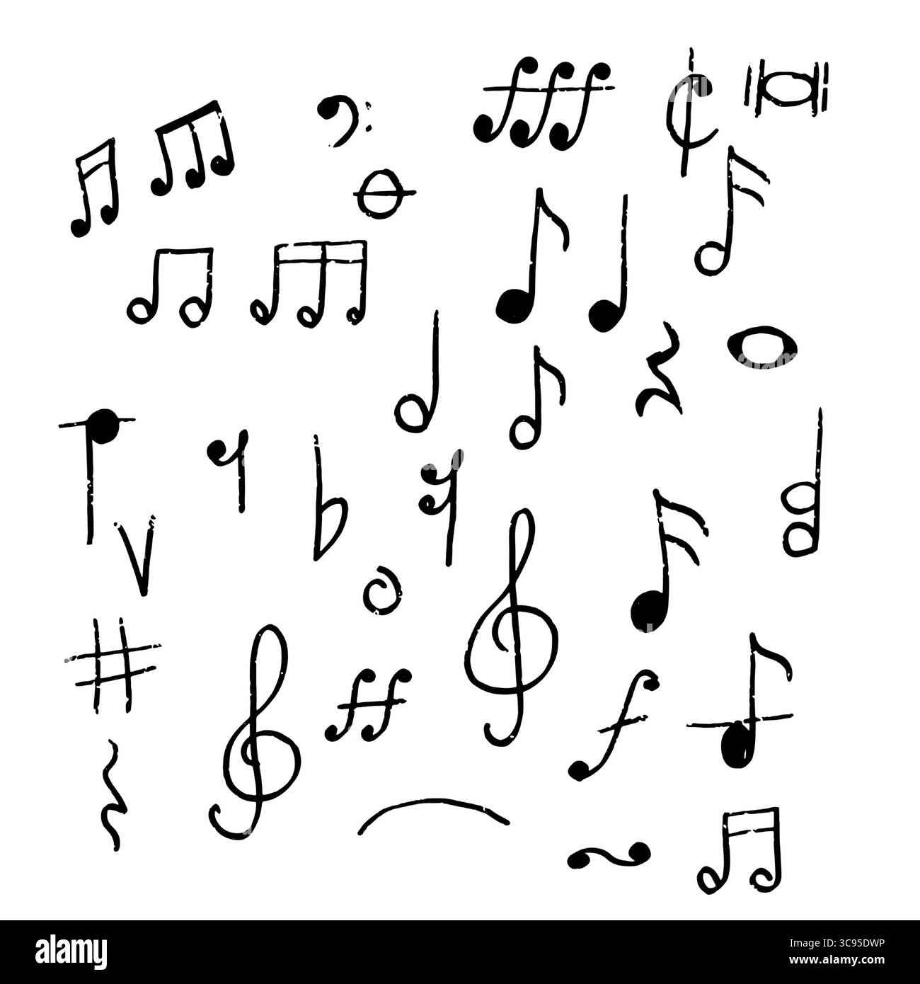 Notez les signes, dessin d'esquisse noir et blanc. Illustration vectorielle. Un dessin simple, symboles de signes musicaux, est isolé sur un fond blanc. Illustration de Vecteur