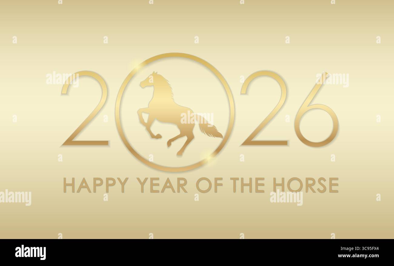 2026, l'année du cheval, modèle de carte de voeux de nouvel an vectoriel avec Une silhouette de cheval de Prancing sur Un fond Champagne Gold. Illustration de Vecteur