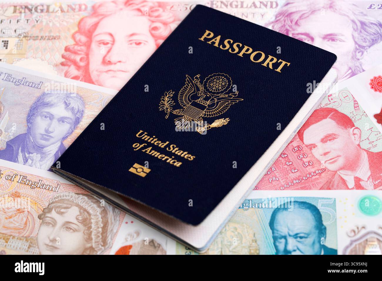 Passeport américain sur l'argent anglais - livre Banque D'Images