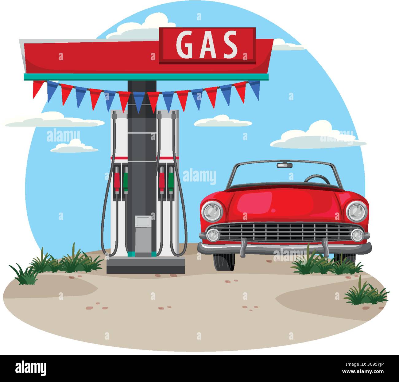 Illustration vectorielle d'un cabriolet rouge rétro garé à côté d'une pompe à essence à l'ancienne, avec des couleurs vives et des lignes épurées de style dessin animé Illustration de Vecteur