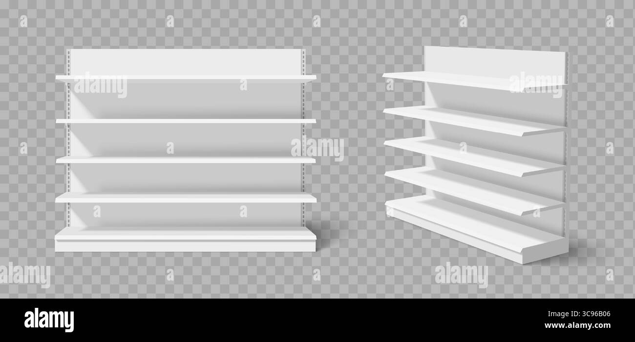 Étagères de magasin blanches vides avec supports métalliques pour supermarché ou affichage de détail - vue avant et latérale avec plusieurs niveaux. Nettoyer les meubles de rangement modernes pour les produits et la disposition des marchandises. Illustration de Vecteur