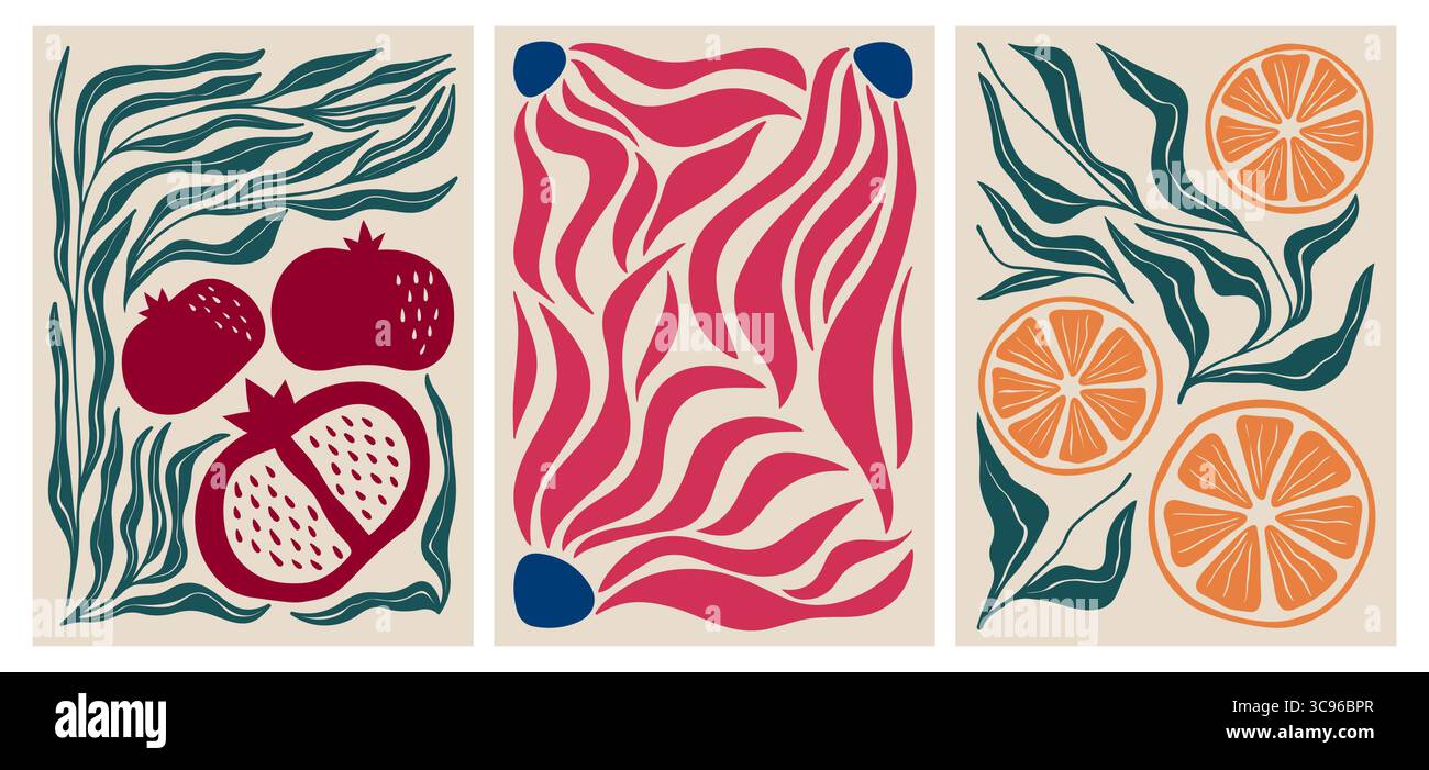 Compositions abstraites modernes avec des feuilles groovy coulant, des grenades et des tranches d'agrumes pour mur contemporain Formes colorées audacieuses dans des designs botaniques dynamiques. Imprimés décoratifs rétro. Illustration de Vecteur