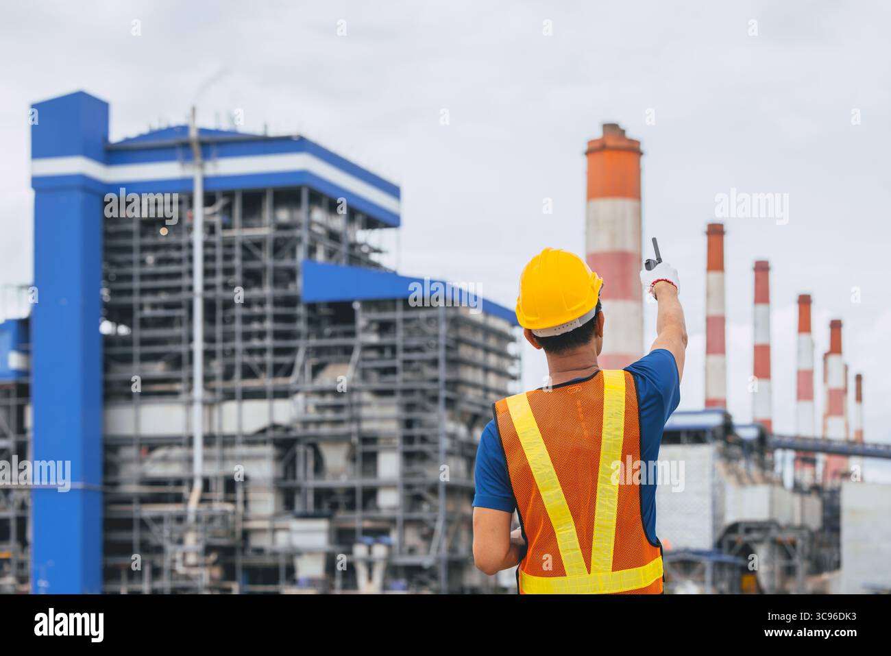 Ingénieur professionnel travailleur masculin avec centrale à charbon, centrale électrique avec fond vert de nature Banque D'Images