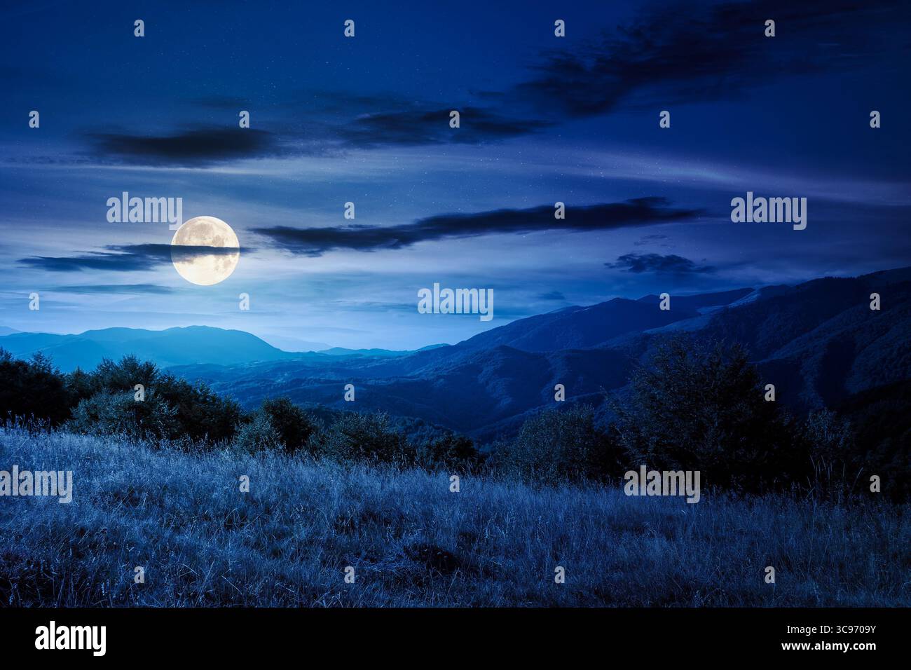 paysage de montagne avec forêt sur la colline en automne la nuit. belle vue sur la vallée rurale en pleine lune. paysage de campagne alpine un Banque D'Images paysage de montagne avec forêt sur la colline en automne la nuit. belle vue sur la vallée rurale en pleine lune. paysage de campagne alpine un Banque D'Images
