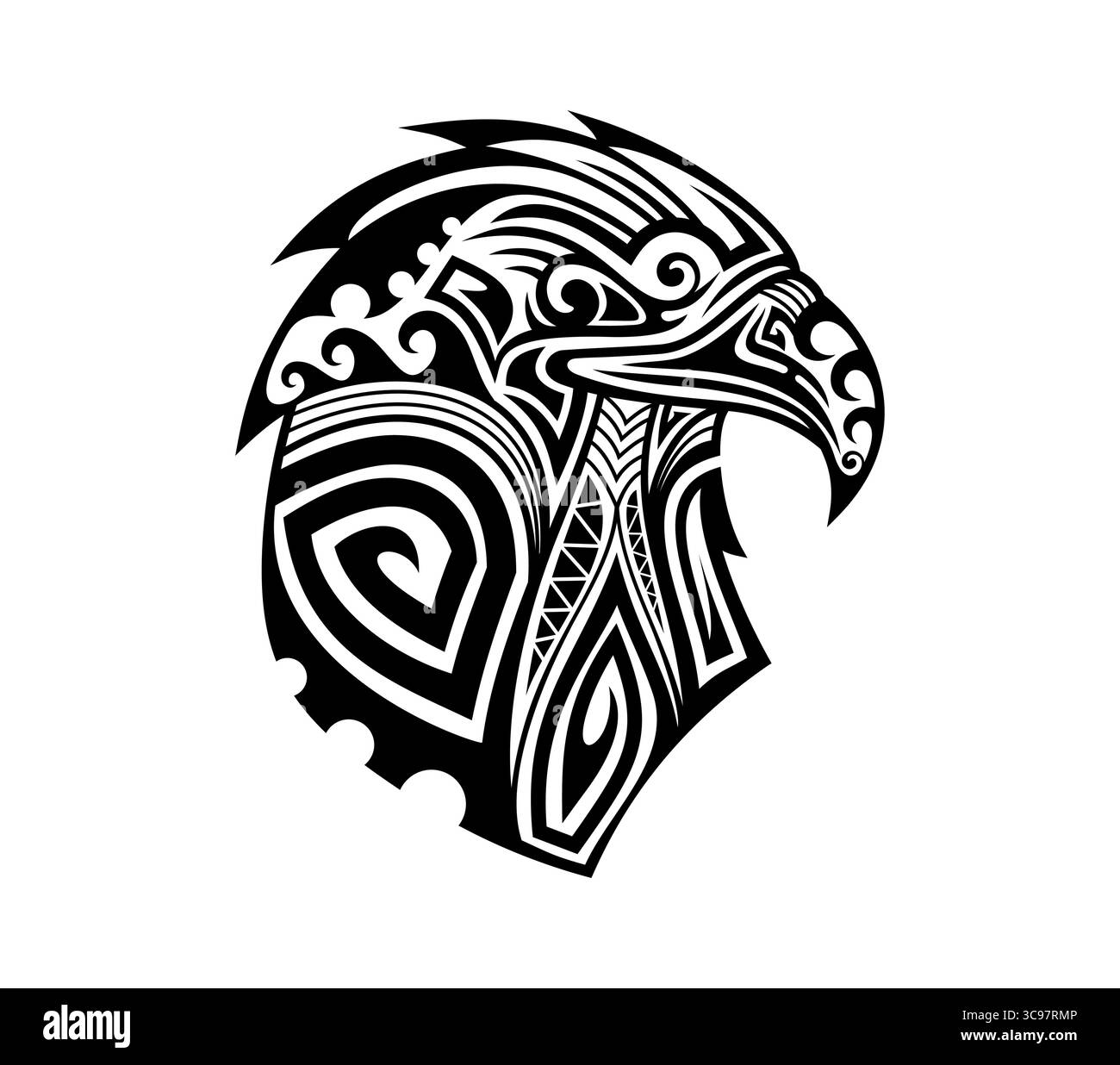 Tatouage animal oiseau aigle tribal maori. Motif tribu néo-zélandaise imprimé, signe vecteur isolé de guerrier ethnique maori polynésien. Tatouage tribal hawaïen ou symbole d'oiseau de proie de culture samoane orné Illustration de Vecteur