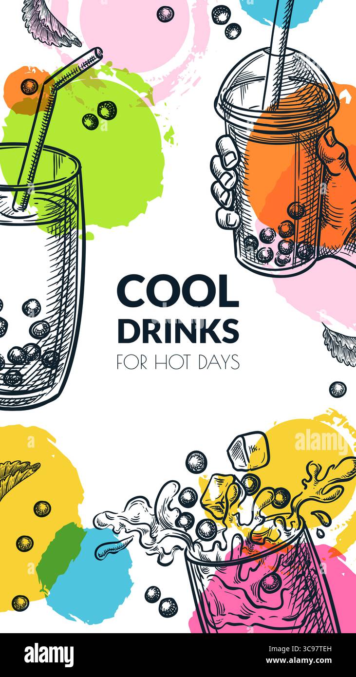 Conception de bannière verticale avec thé à bulles et formes d'aquarelle. Illustration d'esquisse dessinée à la main vectorielle. Fond tendance de boisson boba pour affiche de café, somme Illustration de Vecteur