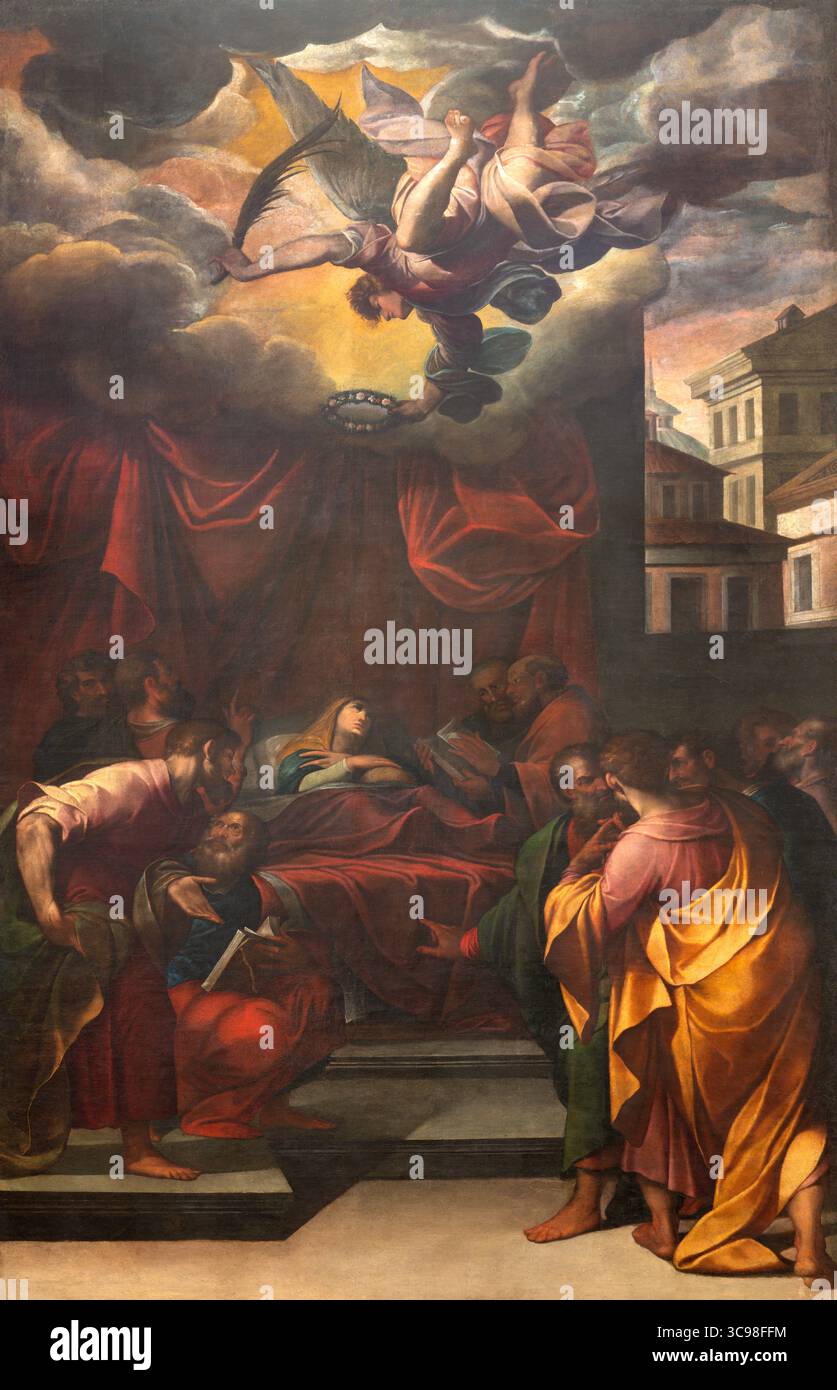 PIACENZA, ITALIE - 19 MAI 2025 : la peinture de la Dormition de la Vierge Marie (Transito) dans la cathédrale - Cattedrale di Santa Maria Assunta Banque D'Images