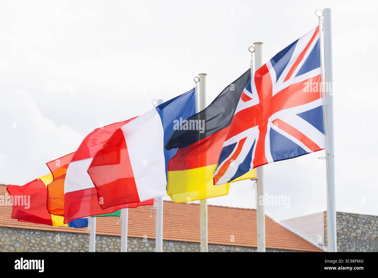 Divers drapeaux nationaux flottent fièrement dans la brise sur fond nuageux. Les drapeaux représentent plusieurs pays européens, créant un sentiment d'unité Banque D'Images