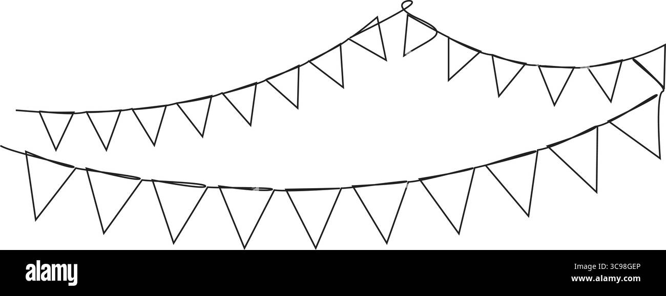 Une ligne célèbre les guirlandes triangulaires suspendues. parti des drapeaux de perspective isolé sur fond blanc. Anniversaire, anniversaire et festival. Illustration de Vecteur