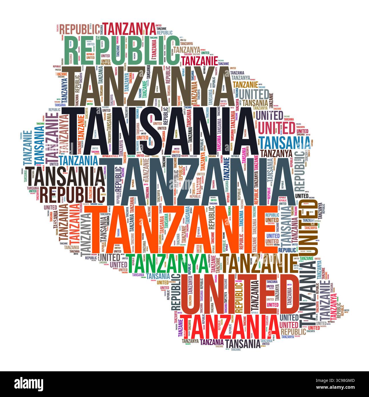 Nuage de mots en forme de pays Tanzanie. Illustration de pays de style typographique. Image Tanzanie dans le style nuage de texte. Illustration vectorielle. Illustration de Vecteur