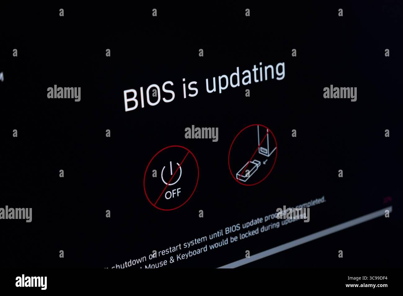 Poznan, Pologne - 29 juillet 2025 : vue détaillée d'un écran d'ordinateur affichant un processus de mise à jour du BIOS en cours avec des avertissements cruciaux pour le système int Banque D'Images