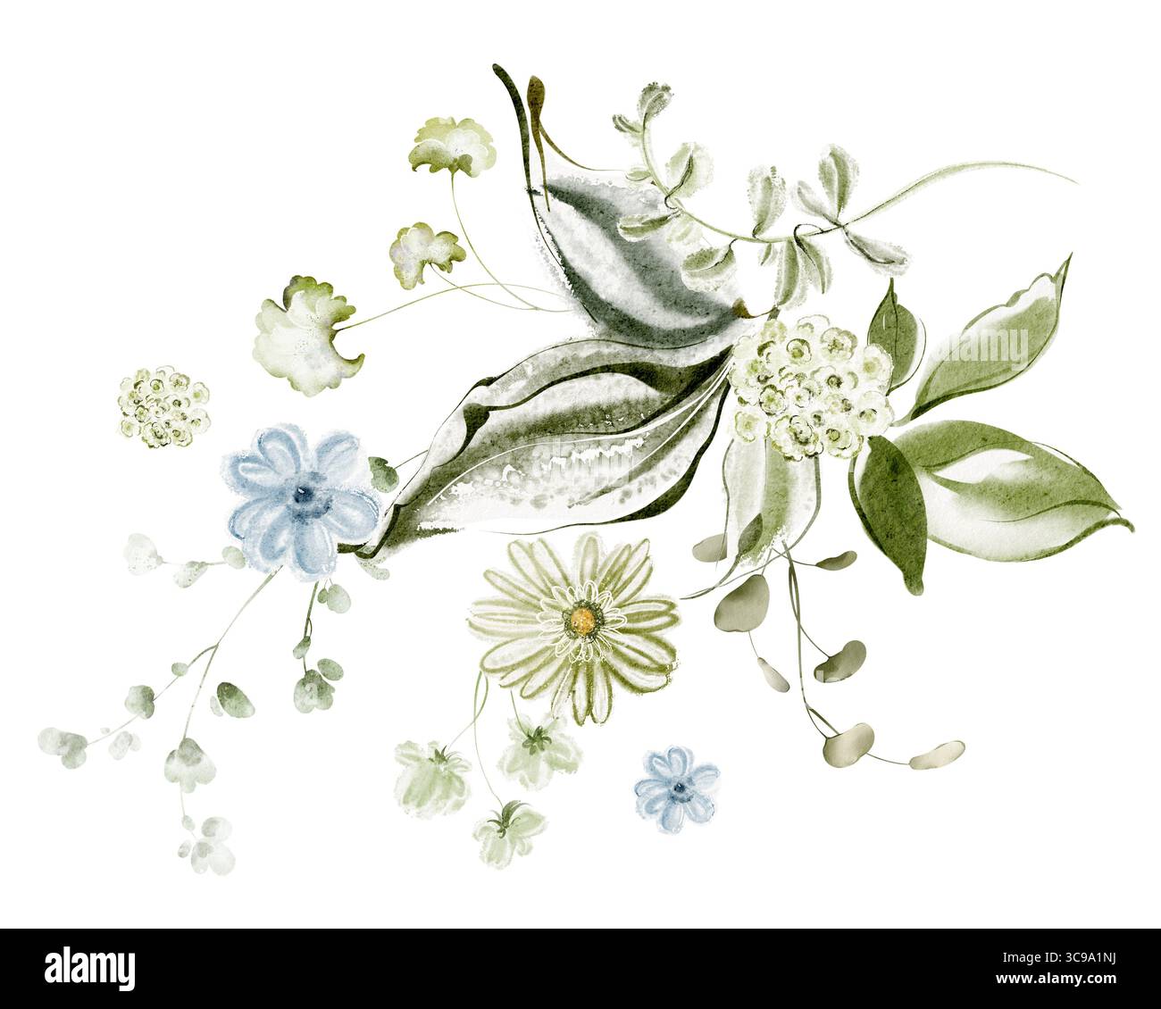 Bouquet floral aquarelle avec petites fleurs. Comprend pivoine, rose, Marguerite, camélia, gerbera. Composition botanique pour carte de voeux, papeterie Banque D'Images