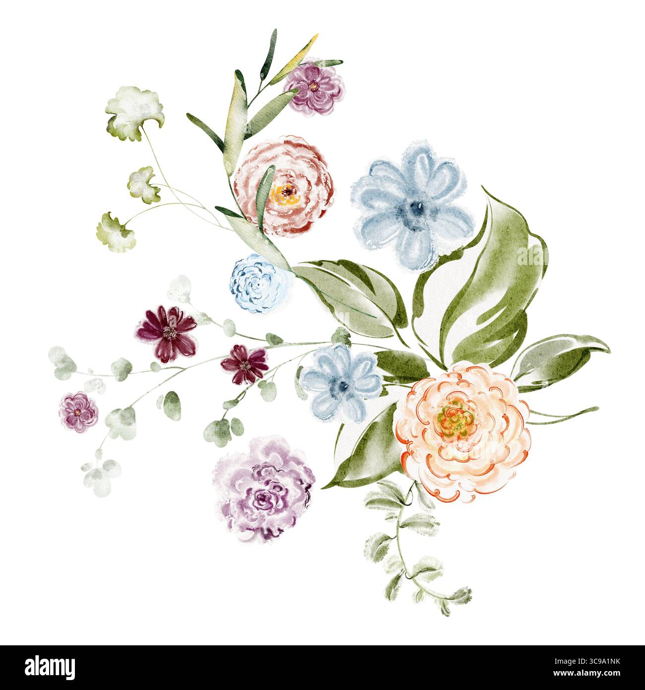 Bouquet floral aquarelle avec petites fleurs. Comprend pivoine, rose, Marguerite, camélia, gerbera. Composition botanique pour carte de voeux, papeterie Banque D'Images