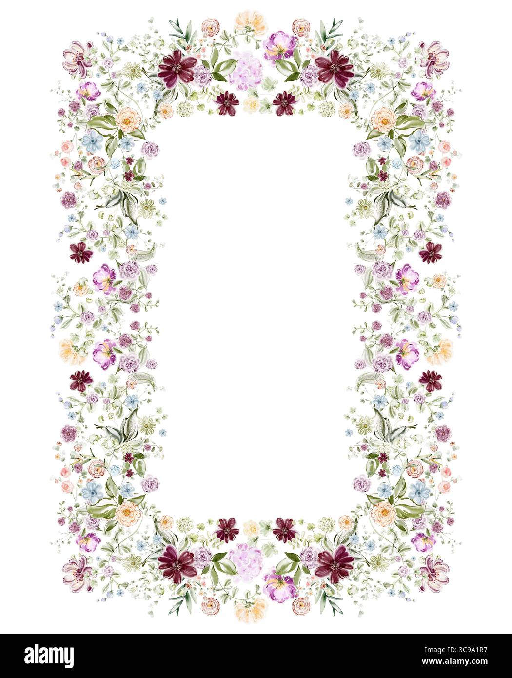 Cadre aquarelle complexe avec petit jasmin, roses et pivoines. Bordure florale rectangulaire pour invitation de mariage, carte de voeux, modèle, botanica Banque D'Images