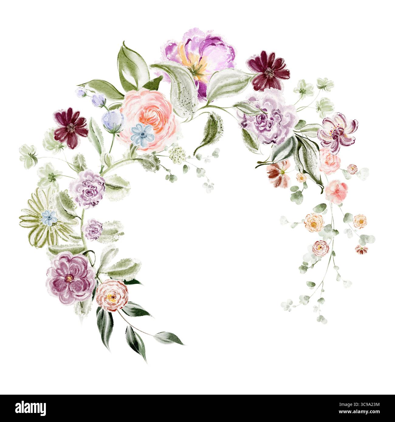 Couronne florale aquarelle avec de grands bourgeons de fleurs multicolores. Cadre botanique en demi-cercle composition pour mariage, invitation, carte de voeux, po Banque D'Images