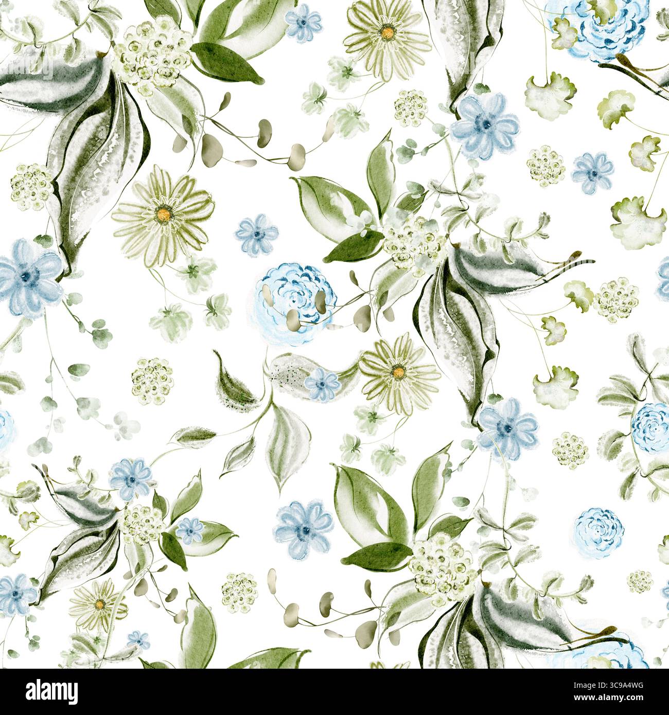 Motif floral aquarelle sans couture avec des feuilles et de petites fleurs bleues. Idéal pour textile, papier peint, papier d'emballage, conception de tissu, mariage, vintage p Banque D'Images