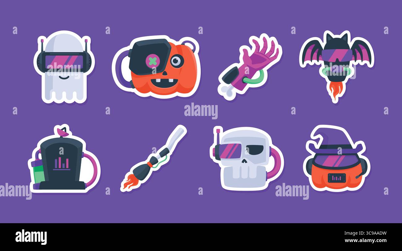 Ensemble d'autocollants Halloween illustration avec style cyborg. Collection clip art Halloween de style futuriste Illustration de Vecteur