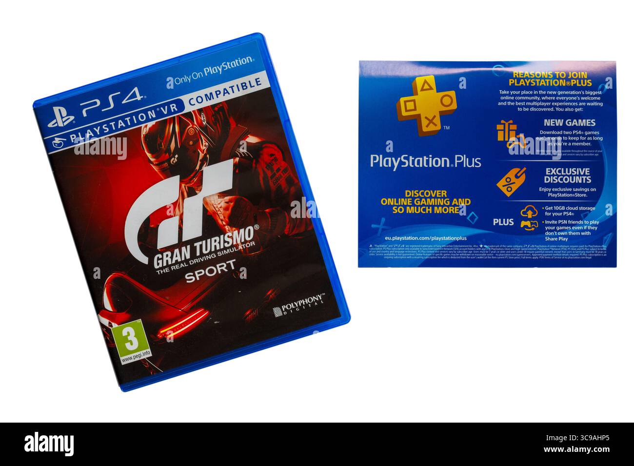 Jeu PlayStation PS4 - jeu vidéo Gran Turismo avec informations PlayStation plus informations sur l'abonnement isolé sur fond blanc Banque D'Images