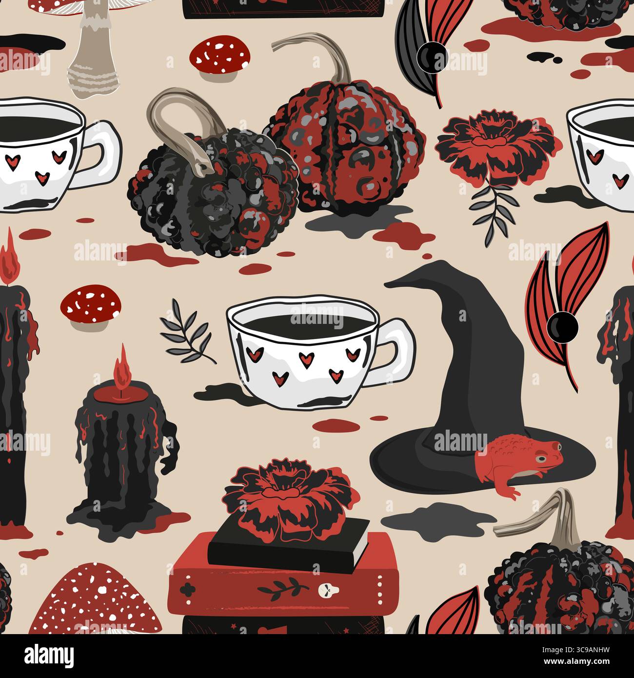 Motif sans couture d'Halloween effrayant avec des bougies noires et rouges, des citrouilles verruqueuses, un chapeau de sorcière et des gants, des livres de sorcellerie et des champignons amanita. Effrayant Illustration de Vecteur