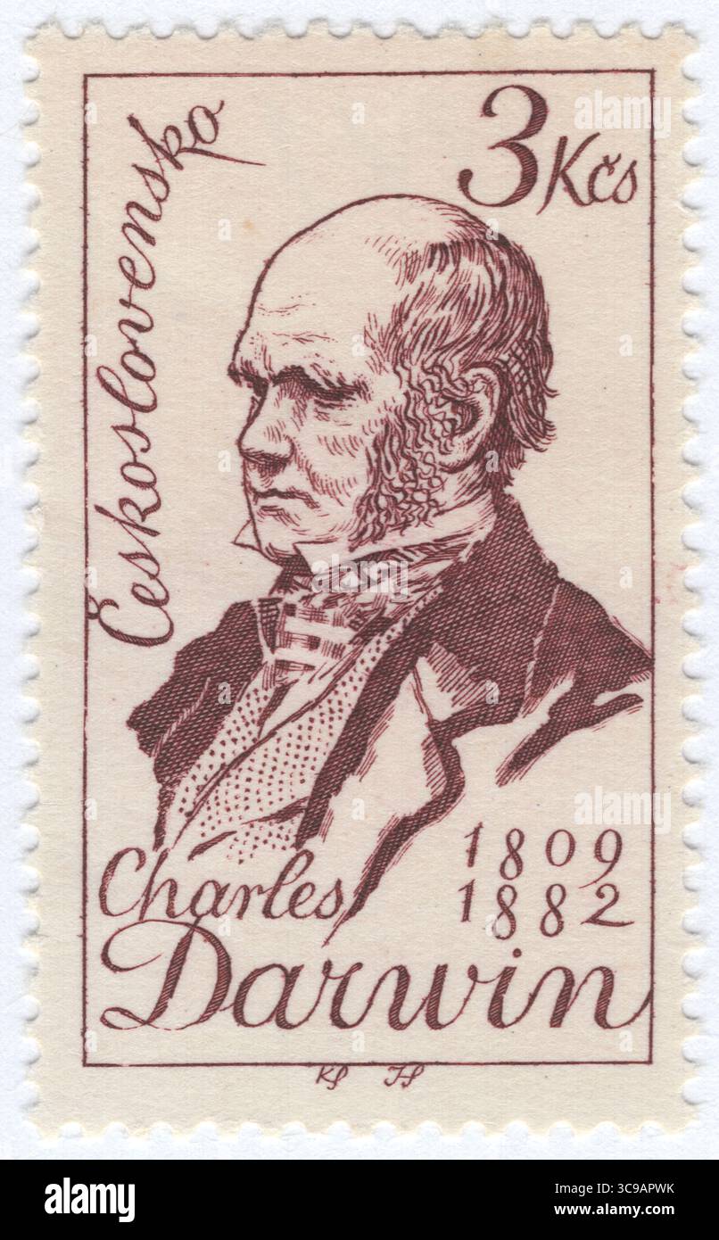 TCHÉCOSLOVAQUIE - 16 octobre 1959 : timbre-poste rouge-brun à 3 couronnes représentant un portrait de Charles Robert Darwin. 150e anniversaire de naissance de Charles Darwin, naturaliste, géologue et biologiste anglais Banque D'Images