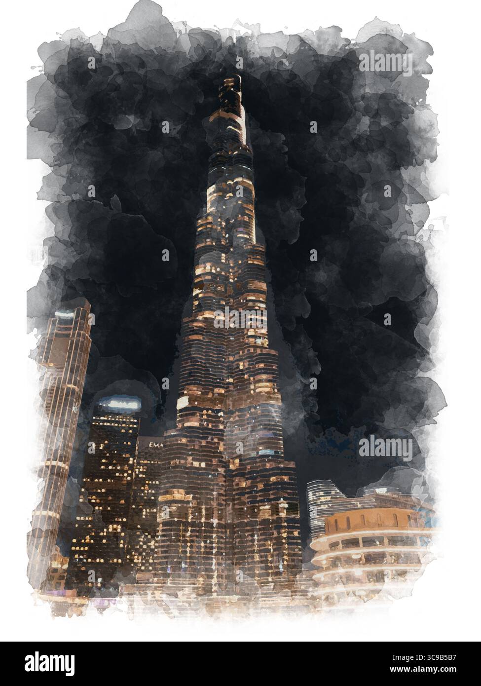 Burj Khalifa à Dubaï. Vue de nuit. Illustration numérique d'aquarelle sur texture Banque D'Images