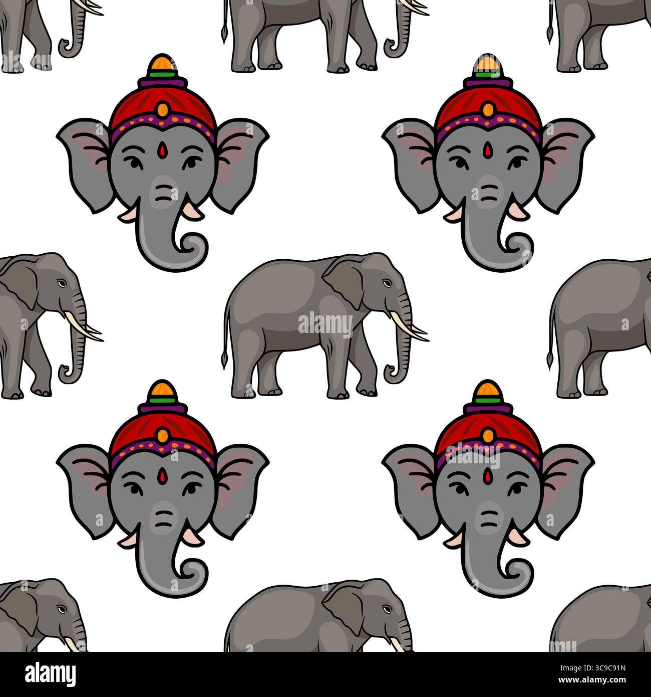 Motif vectoriel sans couture avec de charmantes têtes d'éléphants ornées de coiffes vibrantes et d'illustrations d'éléphants sur tout le corps, créant un an ludique Illustration de Vecteur