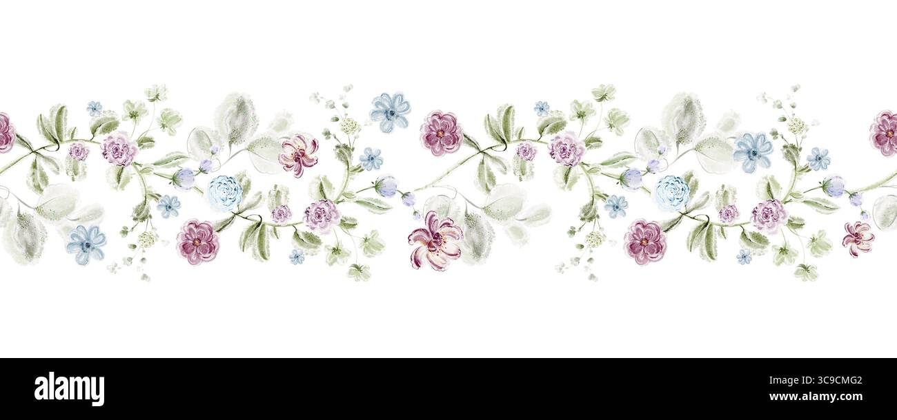 Bordure florale horizontale sans couture avec de petites fleurs sauvages dans le style aquarelle. Modèle coloré pour papeterie de mariage, bannière, invitation, modèle, Banque D'Images
