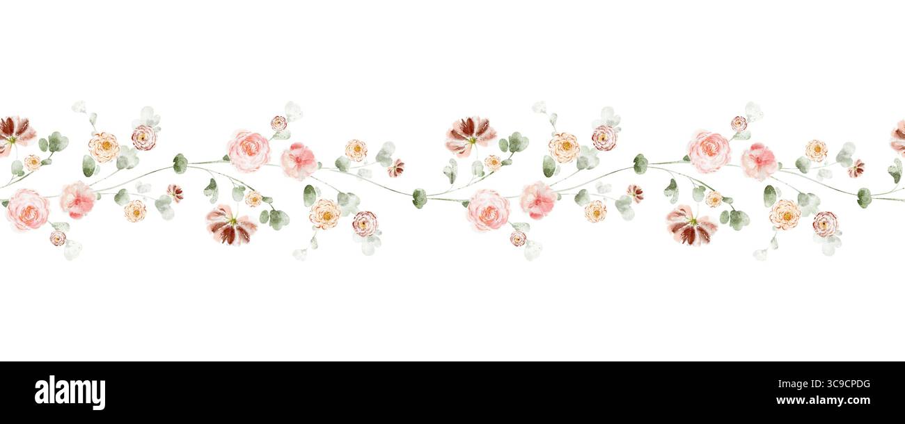 Bordure horizontale sans couture avec des fleurs et des herbes roses. Art floral aquarelle pour cartes de voeux, papeterie, bannières, décor de mariage, papier d'emballage, Banque D'Images