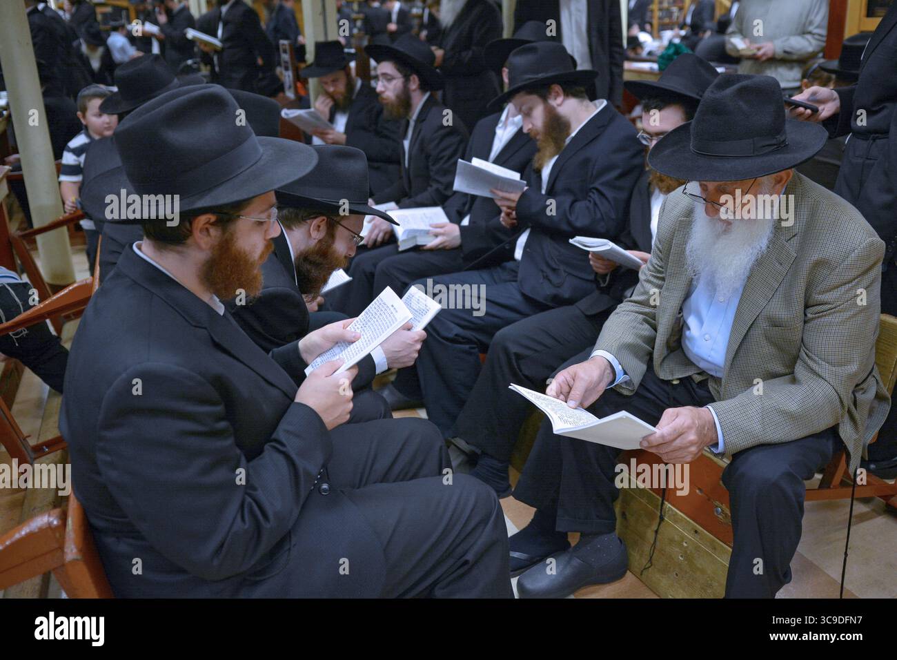 Sur Tisha B'av, le jour le plus triste du calendrier juif, les fidèles pleurent assis sur des bancs renversés. Dans une synagogue à Crown Heights, Brooklyn, New York. Banque D'Images