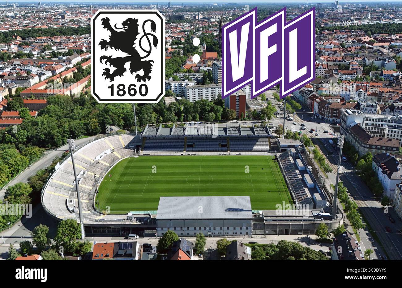 ! ACHTUNG FOTOMONTAGE ! Hier im Bild das Grünwalder Stadion mit den beiden logos des TSV 1860 München und des VFL Osnabrück, das erste Heimspiel der Löwen findet am Samstag statt, hier eine Vorschau, Ausblick auf das Spiel der 3. Liga Banque D'Images