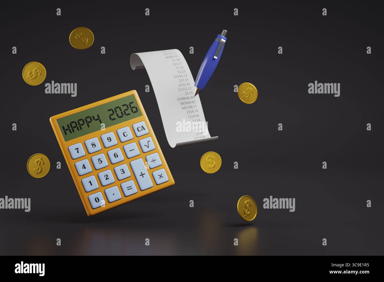 Calculatrice avec le texte Happy 2026 sur son écran avec espace de copie. Illustration 3D. Banque D'Images