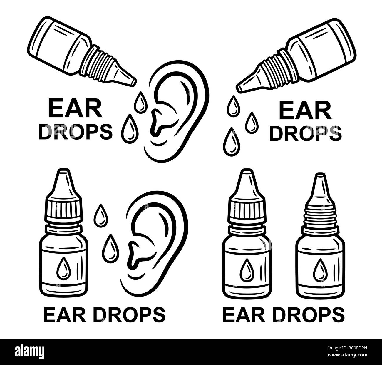 Gouttes médicales de liquide d'oreille, flacon compte-gouttes de médecine, médicament de pharmacie, santé des organes auditifs humains, hygiène propre, icône de ligne de traitement de la maladie d'otite Illustration de Vecteur