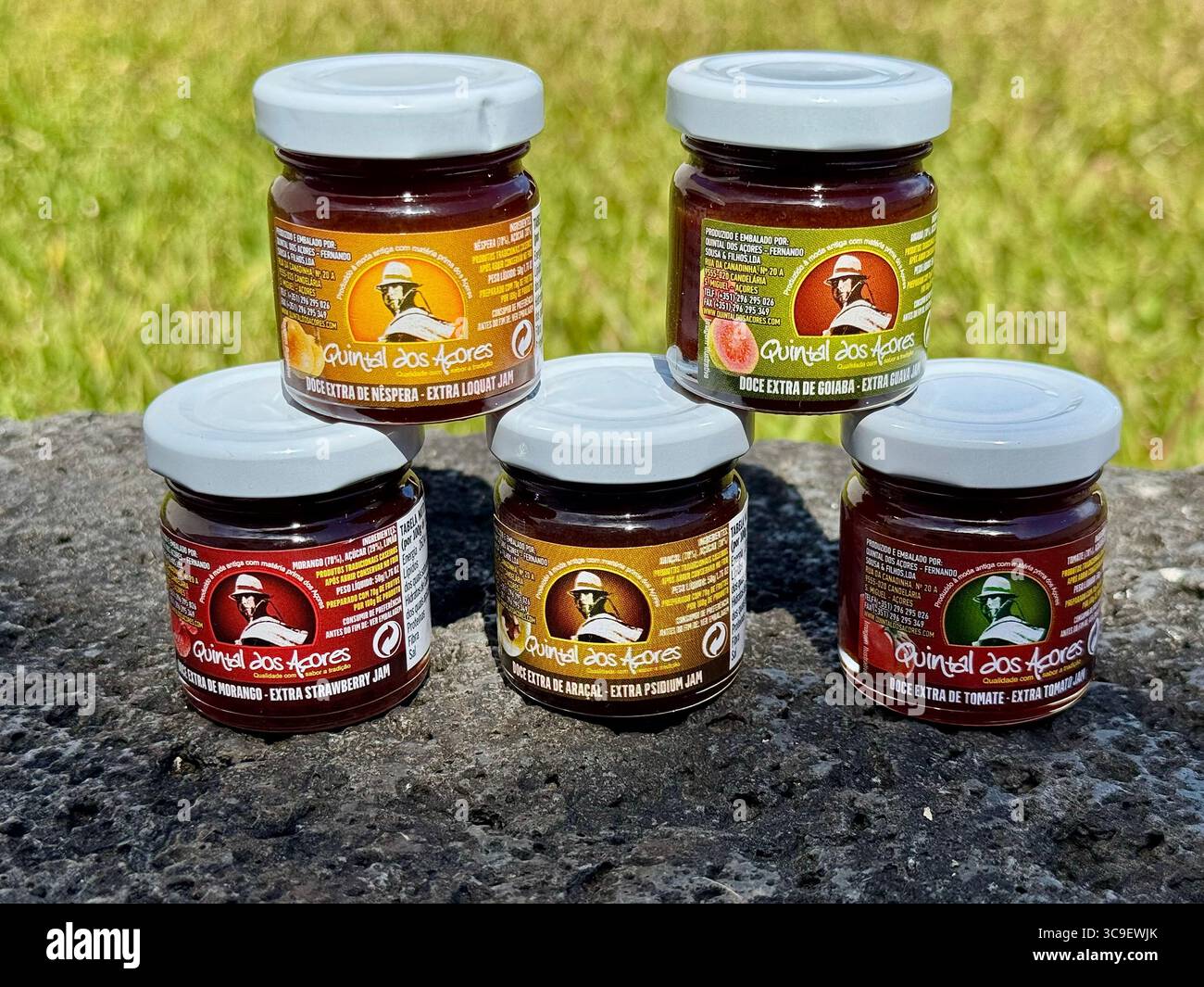 Cinq pots de produits alimentaires traditionnels des Açores exposés à l'extérieur sur une surface en pierre avec de l'herbe en arrière-plan. - Image de stock capturée avec un smartphone
