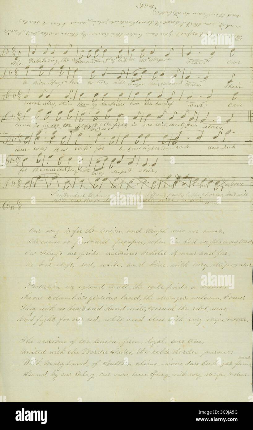 Partition manuscrite originale vers 1862 avec paroles et notation musicale pour une chanson patriotique de l'Union pendant la guerre de Sécession. Les paroles font l'éloge du drapeau de l'Union, exprimant la loyauté et la défiance contre la Confédération avec des références au « rouge, blanc et bleu » et aux « étoiles ». Banque D'Images