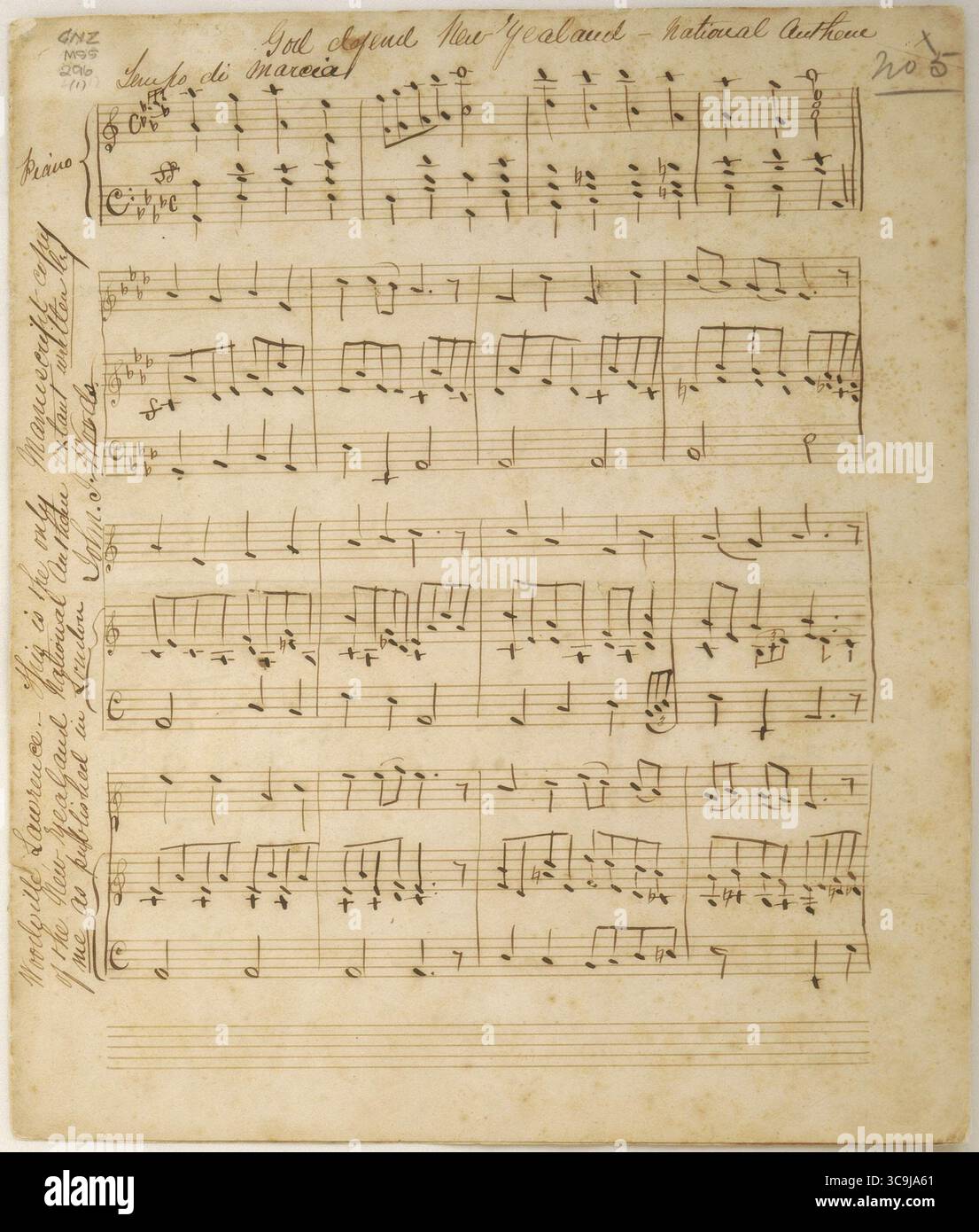 Manuscrit original de 1876 de God Defend New Zealand par John Joseph Woods, avec une notation musicale manuscrite pour ce qui allait devenir l'hymne national de la Nouvelle-Zélande. La composition est marquée « in tempo di marcia » et étiquetée comme hymne national sur la ligne de titre. Banque D'Images