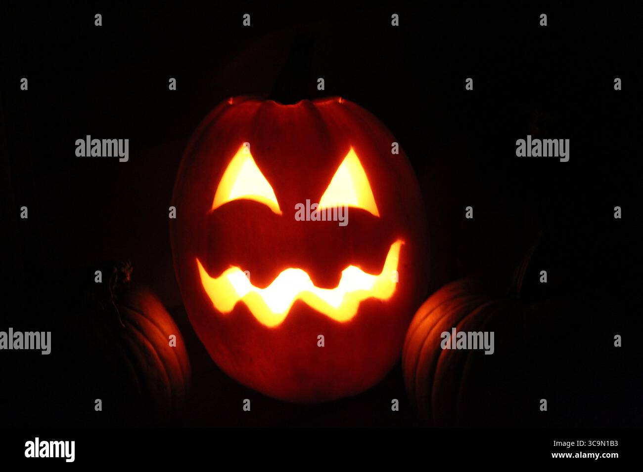 Le sourire de Jack o Lantern brille dans la nuit sombre d'Halloween Banque D'Images