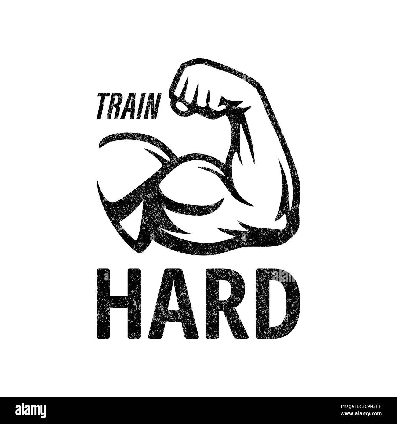 Entraînez-vous dur. Logo Fitness Gym avec illustration musclée du bras. Icône de musculation isolée pour affiche de gymnastique, signe de motivation d'entraînement, vêtements d'entraînement Illustration de Vecteur